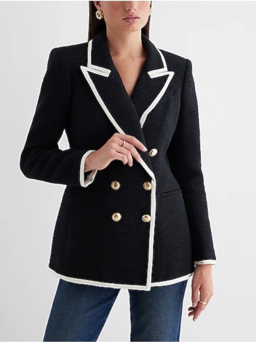 Black Double-Breasted Blazer with White Trim + Gold Buttons